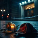 Flick International somber night scene outside the Capital Jewish Museum with police lights and wilted flowers