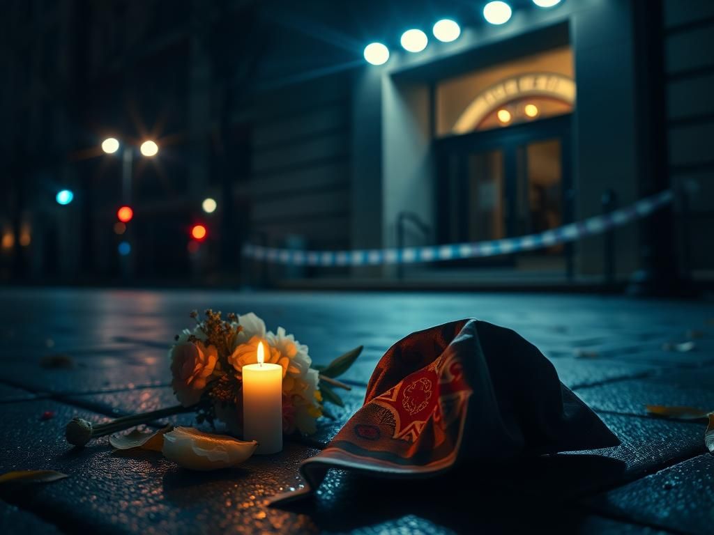 Flick International somber night scene outside the Capital Jewish Museum with police lights and wilted flowers