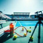 Flick International A vibrant tennis court scene during a changeover in a professional match.