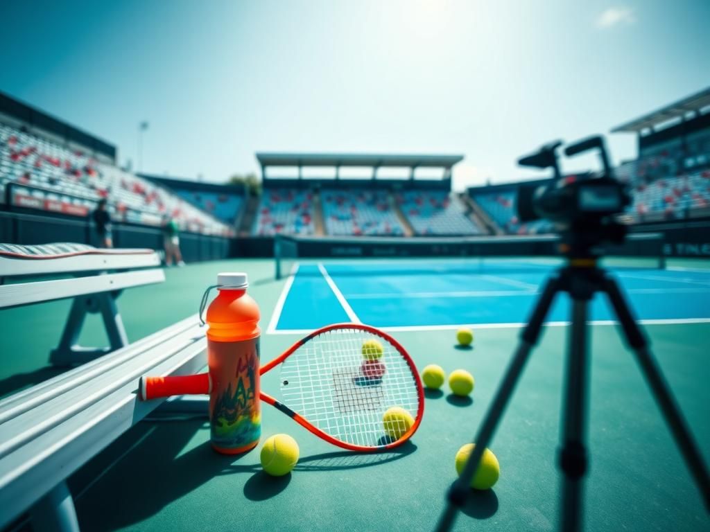 Flick International A vibrant tennis court scene during a changeover in a professional match.