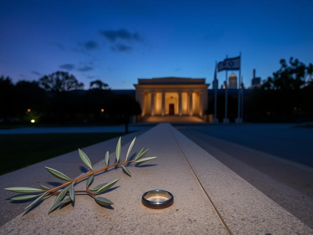 Flick International Dusk scene at the Capital Jewish Museum with intertwined olive branches and a broken engagement ring