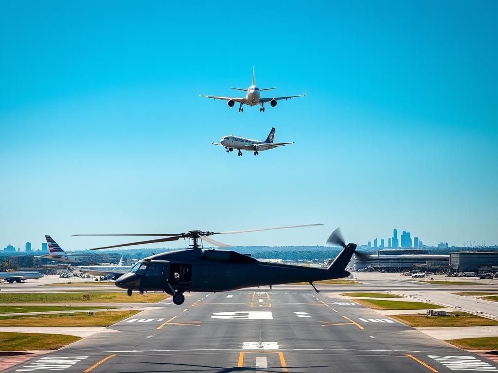 Flick International Aerial view of Ronald Reagan Washington National Airport with two planes in go-around maneuver and military Black Hawk helicopter nearby