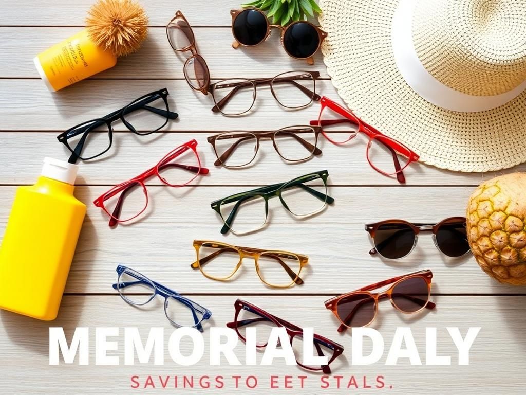 Flick International A vibrant flat lay of stylish eyeglasses and sunglasses with summer-themed elements.