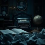 Flick International Dimly lit elegant office symbolizing political pressure with closed book titled 'Original Sin'.