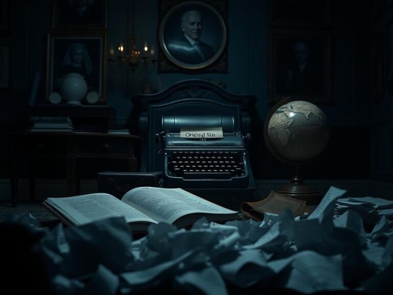 Flick International Dimly lit elegant office symbolizing political pressure with closed book titled 'Original Sin'.