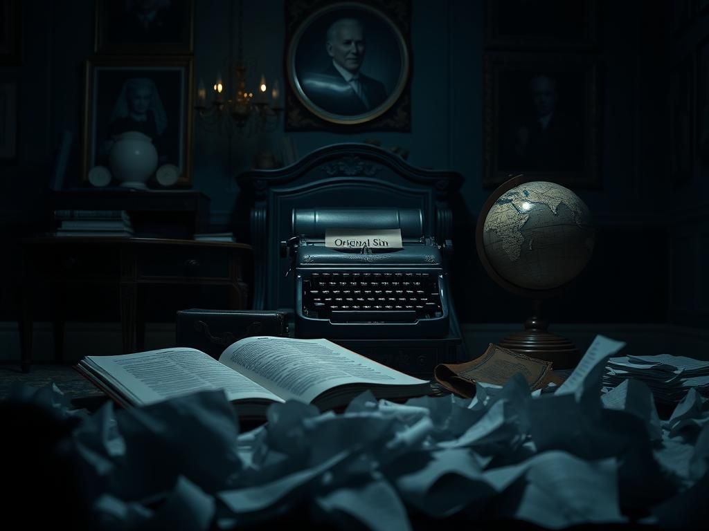 Flick International Dimly lit elegant office symbolizing political pressure with closed book titled 'Original Sin'.