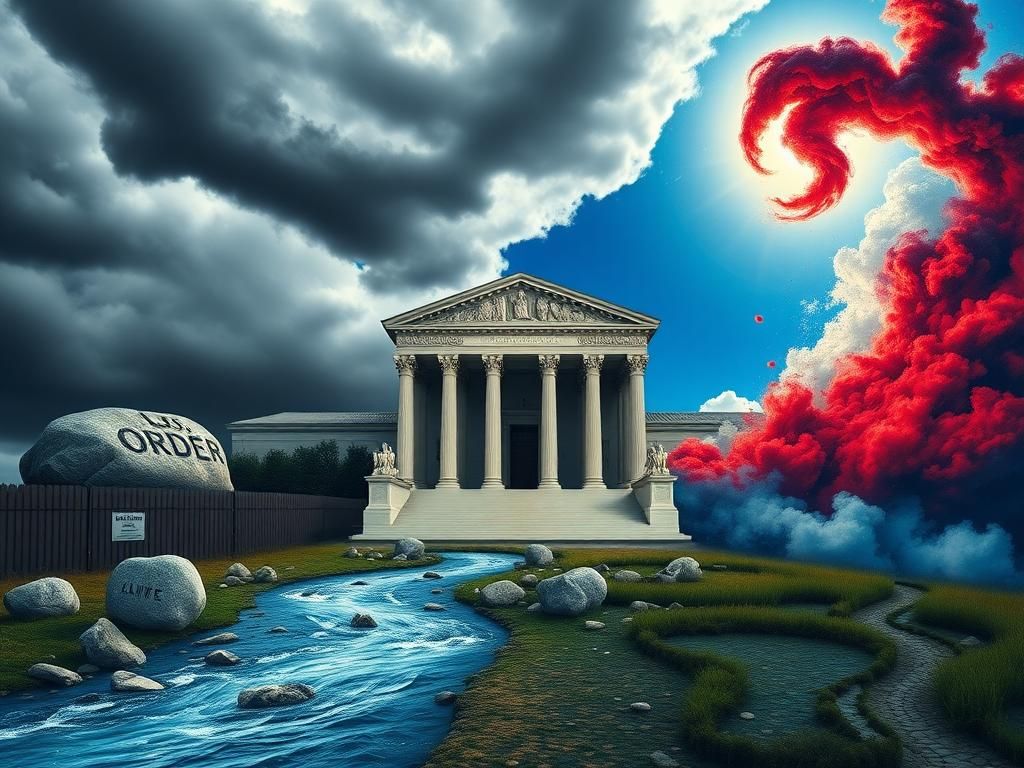 Flick International A symbolic representation of the Supreme Court building with contrasting elements showcasing illegal immigration issues.