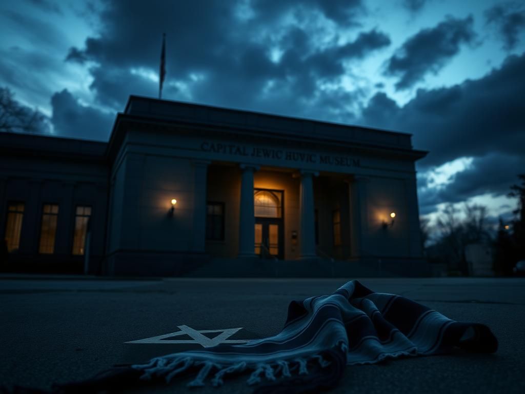 Flick International Somber exterior view of the Capital Jewish Museum at twilight with a keffiyeh laid on the ground