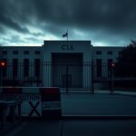 Flick International Somber scene outside CIA headquarters with a closed security gate and caution signs