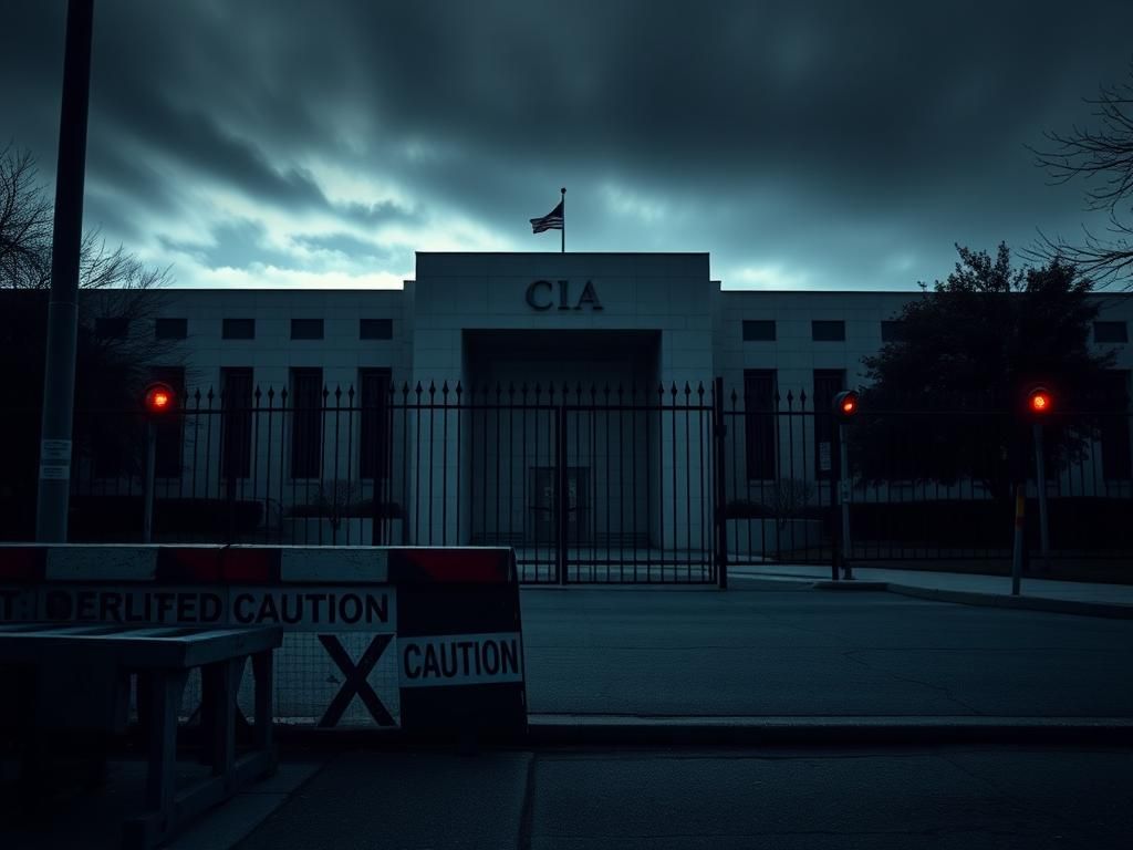 Flick International Somber scene outside CIA headquarters with a closed security gate and caution signs