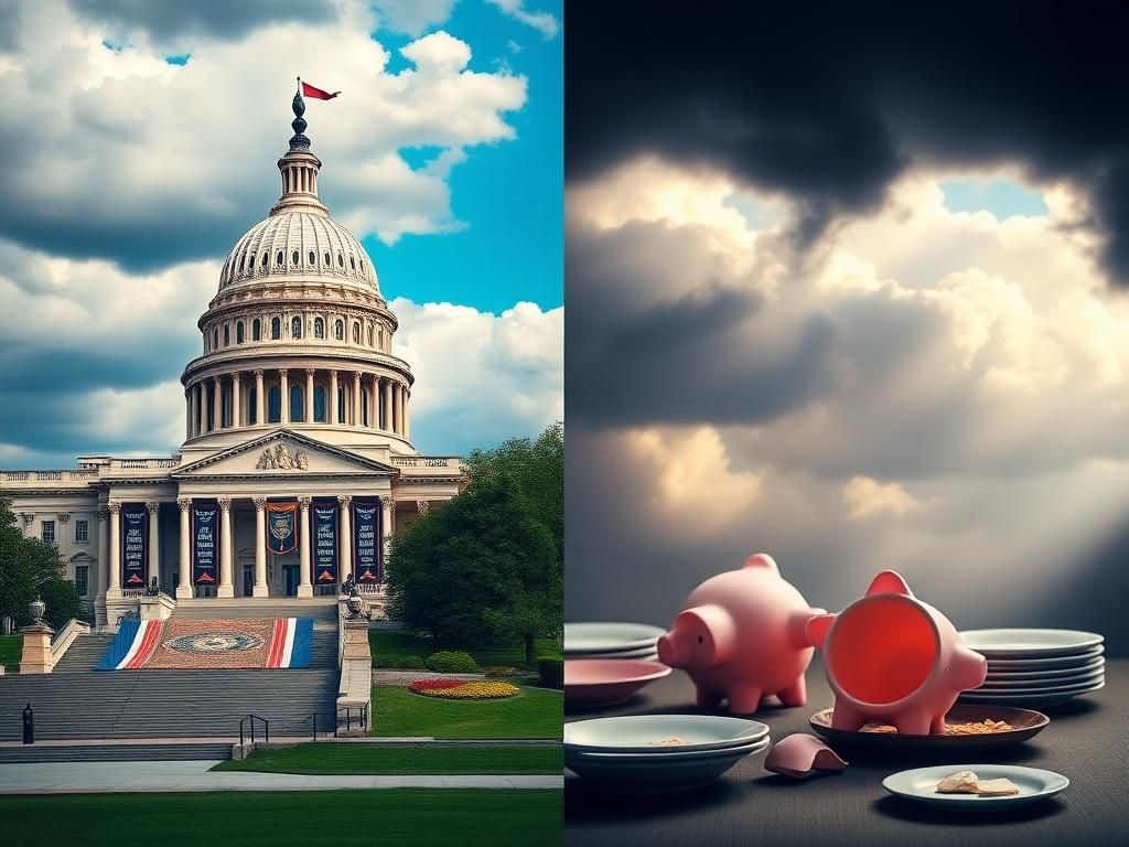 Flick International Split image of the Capitol building symbolizing Trump's Big Beautiful Bill and contrasting scenes of loss
