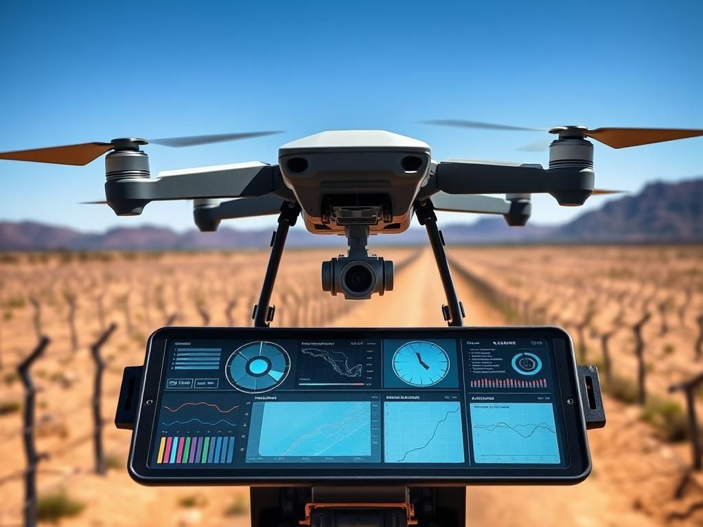 Flick International Advanced border security technology with a surveillance drone in a rugged landscape
