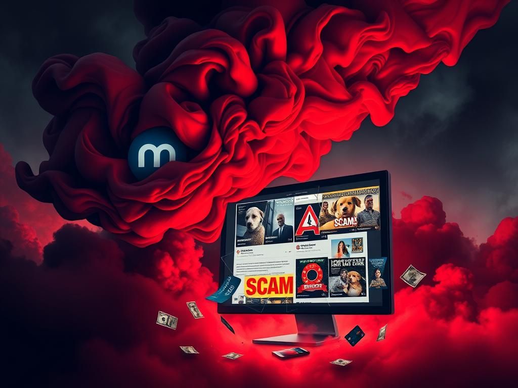 Flick International Abstract representation of digital landscape with ominous red and black clouds symbolizing danger and deception