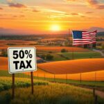Flick International Scenic view of American farmland with a prominent '50% Tax' sign, symbolizing legislation against foreign land ownership.