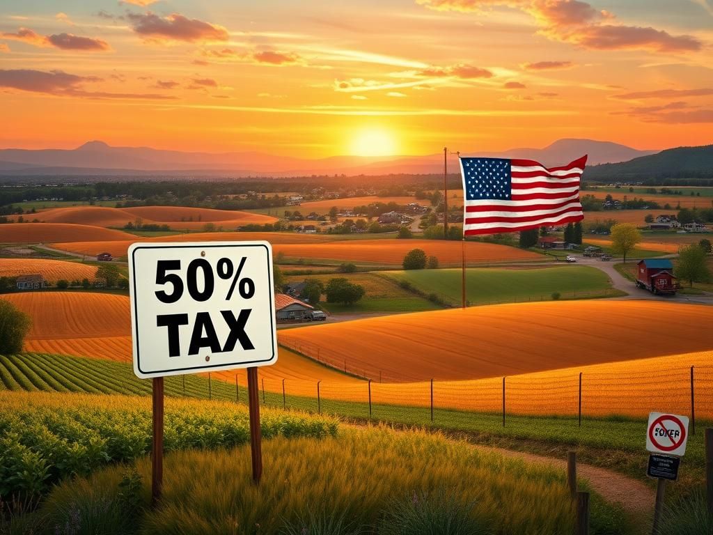 Flick International Scenic view of American farmland with a prominent '50% Tax' sign, symbolizing legislation against foreign land ownership.