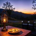 Flick International Serene West Virginia landscape at dusk with rustic table set for local cuisine