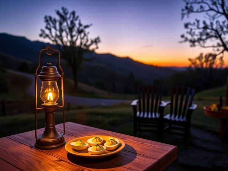 Flick International Serene West Virginia landscape at dusk with rustic table set for local cuisine