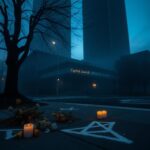 Flick International somber street scene in Washington D.C. with wilted flowers and candles