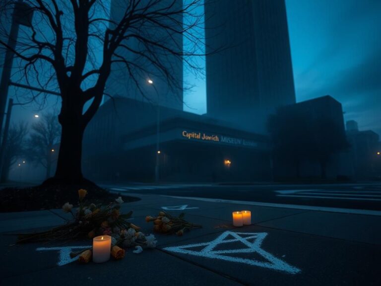 Flick International somber street scene in Washington D.C. with wilted flowers and candles