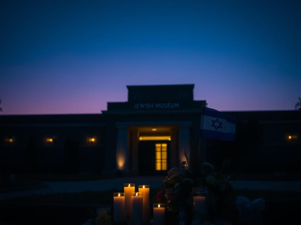 Flick International Somber memorial display with candles and flowers at a Jewish museum entrance