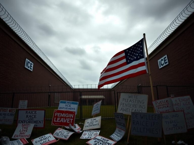 Flick International Exterior view of a federal ICE facility showing brick walls and barbed wire under an overcast sky.