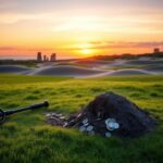 Flick International Serene coastal landscape at sunset with metal detecting tools