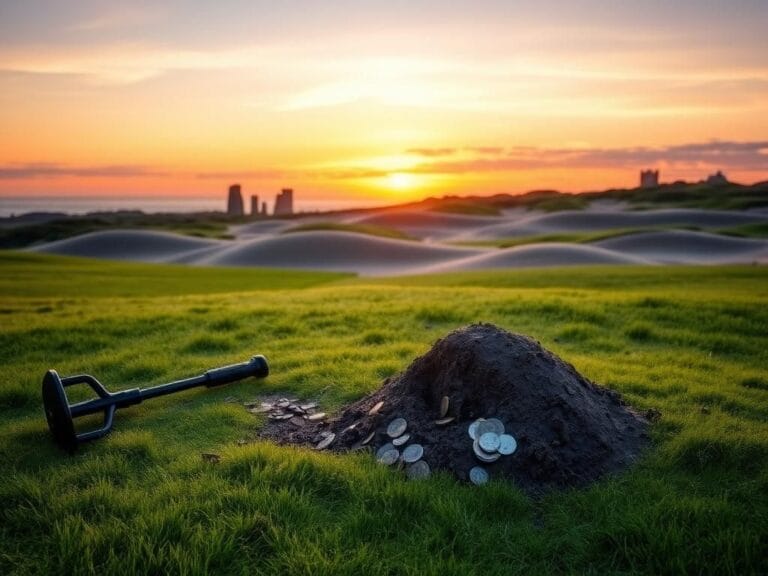 Flick International Serene coastal landscape at sunset with metal detecting tools