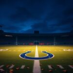 Flick International Twilight scene of a football field with Indianapolis Colts logo, symbolizing mourning and legacy