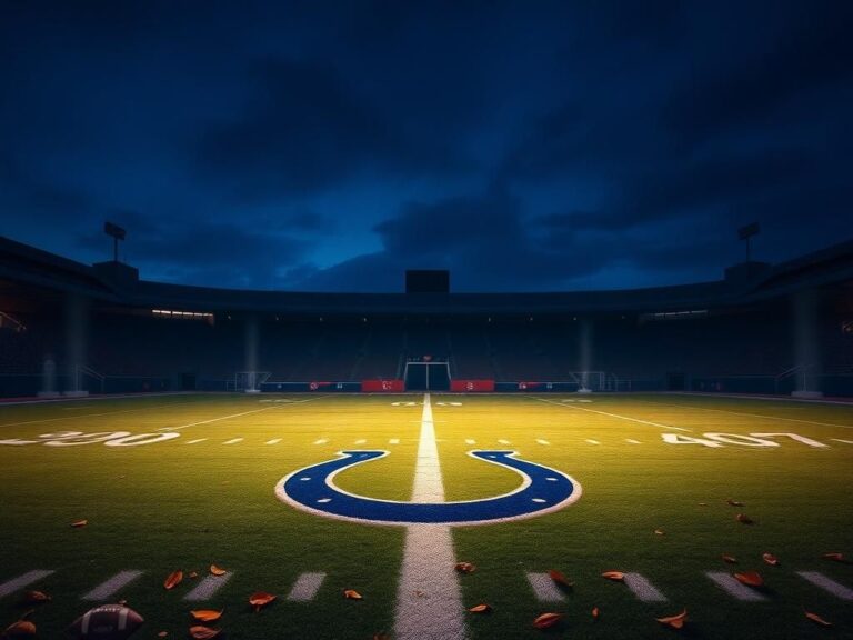 Flick International Twilight scene of a football field with Indianapolis Colts logo, symbolizing mourning and legacy