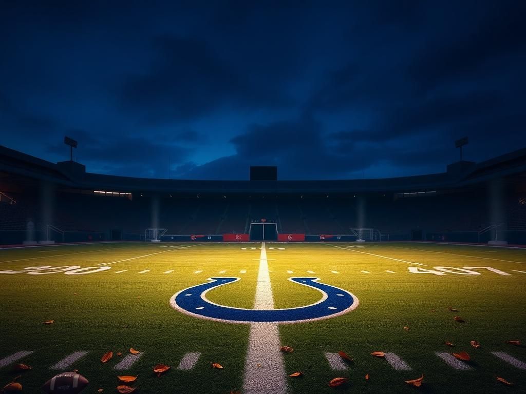 Flick International Twilight scene of a football field with Indianapolis Colts logo, symbolizing mourning and legacy