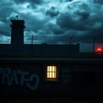 Flick International Dark silhouette of a jail structure against a stormy sky representing confinement