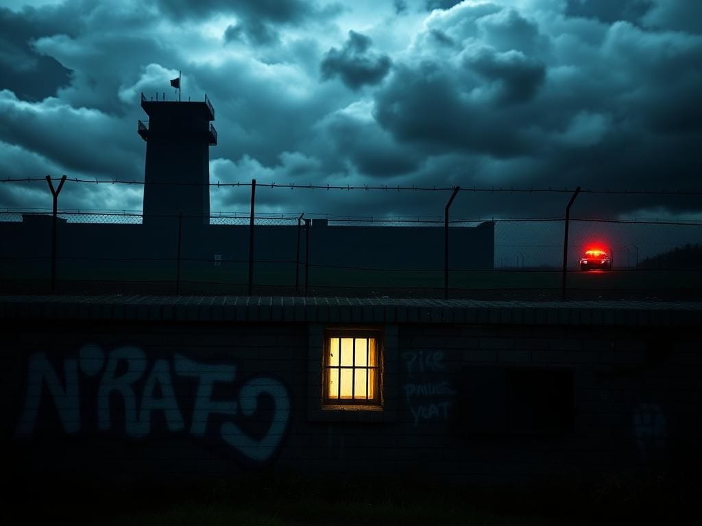 Flick International Dark silhouette of a jail structure against a stormy sky representing confinement