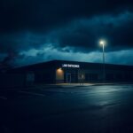 Flick International Exterior of a law enforcement building with a faded ICE logo and a dimly lit parking lot