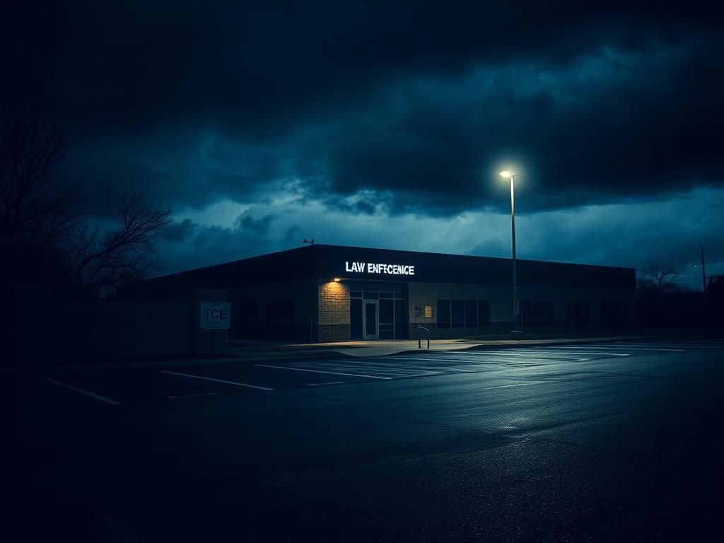 Flick International Exterior of a law enforcement building with a faded ICE logo and a dimly lit parking lot