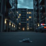 Flick International Twilight view of luxury apartment complex with a somber atmosphere following a tragic incident