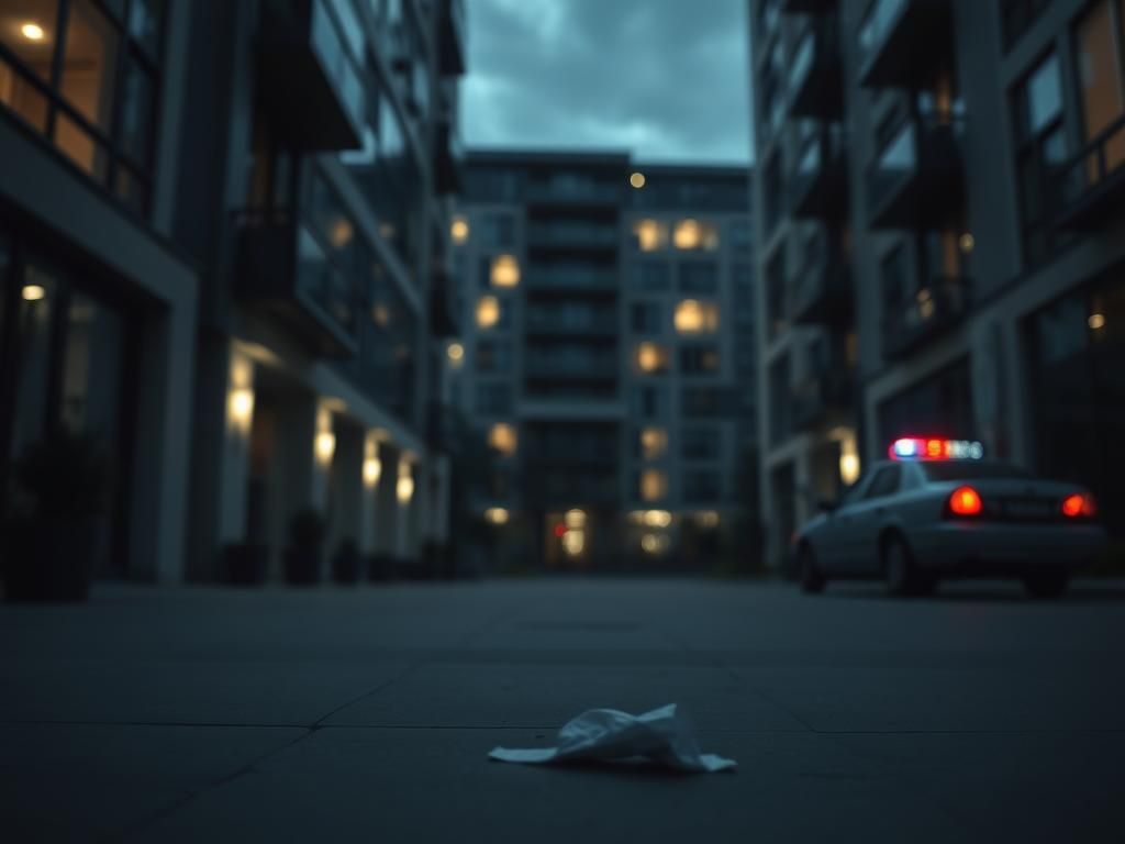 Flick International Twilight view of luxury apartment complex with a somber atmosphere following a tragic incident