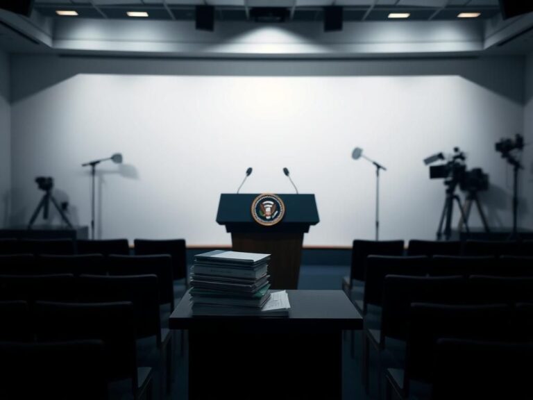 Flick International Dimly lit press briefing room with empty chairs and a large podium bearing the presidential seal