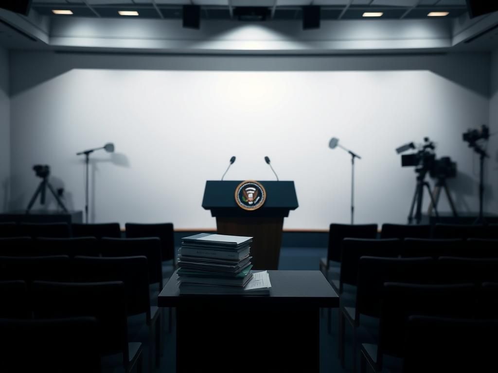 Flick International Dimly lit press briefing room with empty chairs and a large podium bearing the presidential seal