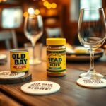 Flick International A whimsical table setting featuring 'Old Bay' spice, an empty wine glass, and humorous coasters