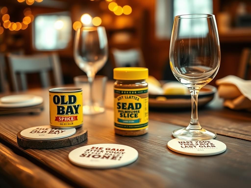 Flick International A whimsical table setting featuring 'Old Bay' spice, an empty wine glass, and humorous coasters