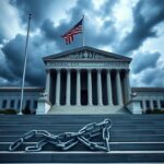 Flick International Grand federal courthouse with flag and stormy sky symbolizes judicial power