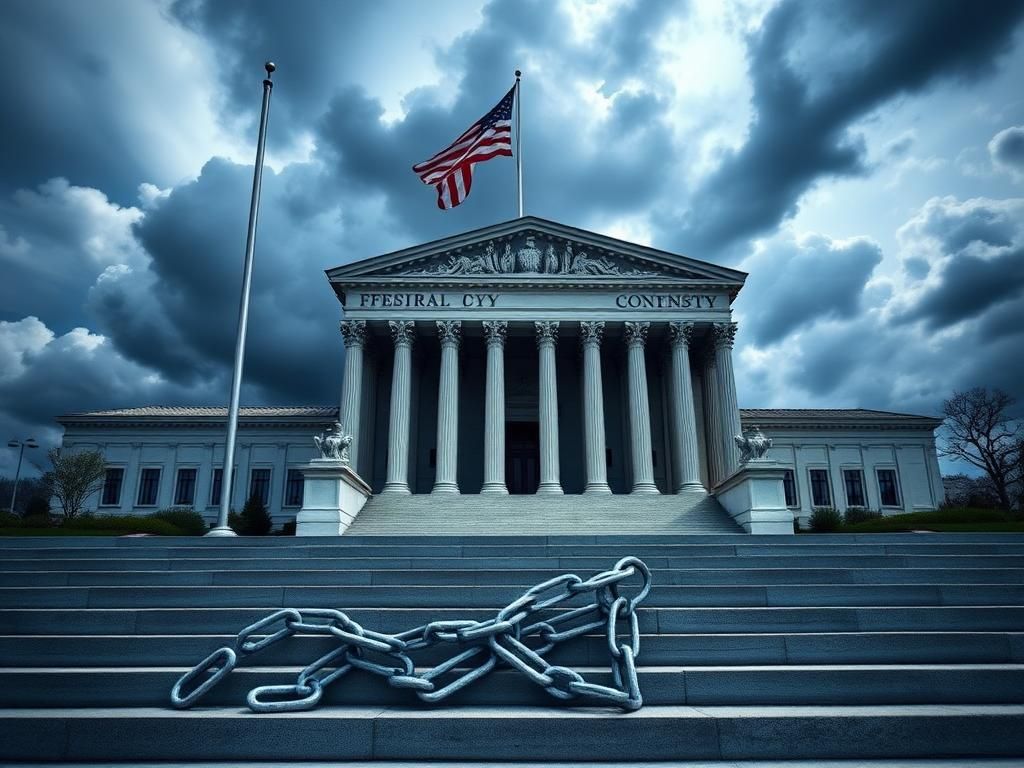 Flick International Grand federal courthouse with flag and stormy sky symbolizes judicial power