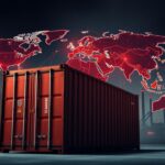 Flick International Large, rusted shipping container in the foreground symbolizing import-export trade against a backdrop of a world map with illuminated trade routes.