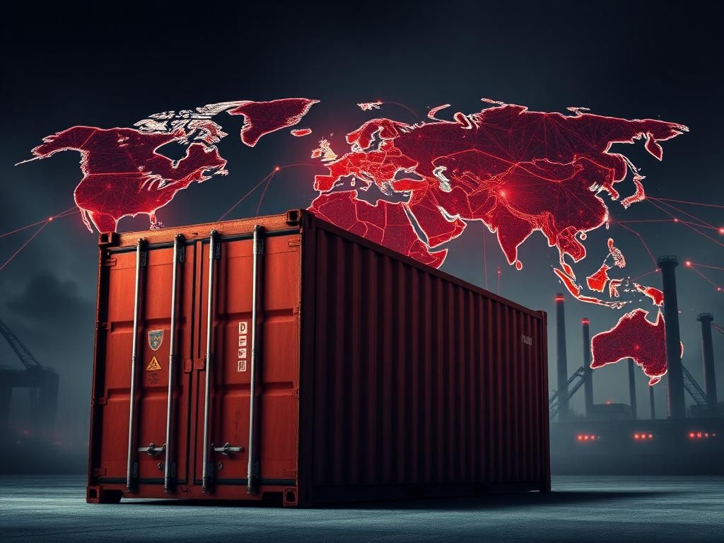Flick International Large, rusted shipping container in the foreground symbolizing import-export trade against a backdrop of a world map with illuminated trade routes.