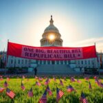 Flick International Grand Capitol building with a colorful banner reading 'One Big, Beautiful Bill'