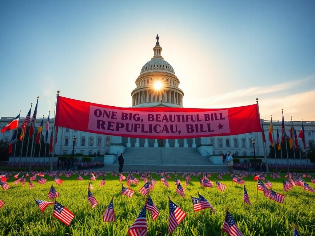 Flick International Grand Capitol building with a colorful banner reading 'One Big, Beautiful Bill'