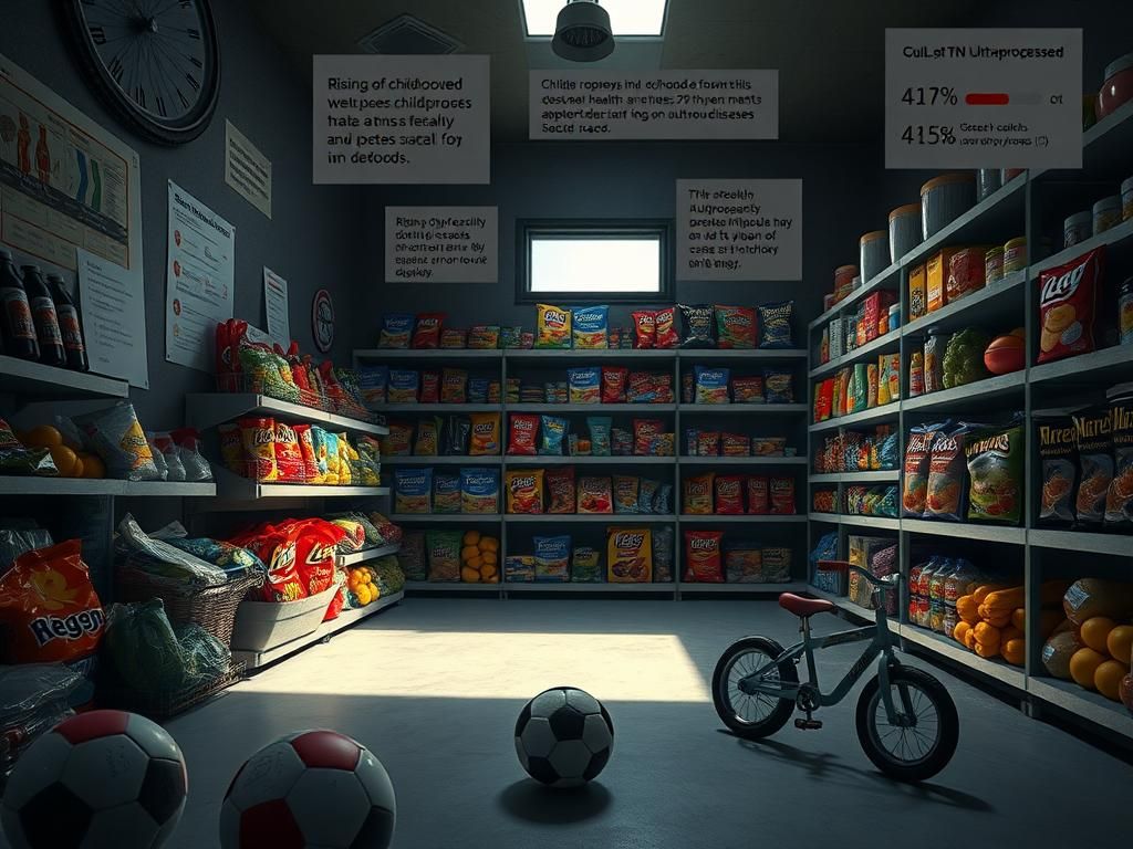 Flick International A dimly lit room showcasing fresh fruits and vegetables alongside colorful ultraprocessed snacks, highlighting dietary contrasts affecting children's health.