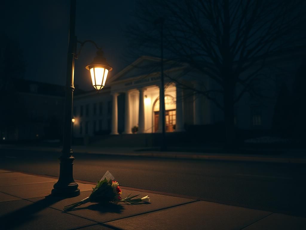 Flick International A somber scene outside the Capital Jewish Museum with flowers and a flickering street lamp.