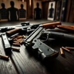 Flick International Close-up view of handguns and a rifle on a dark wooden surface with ammunition