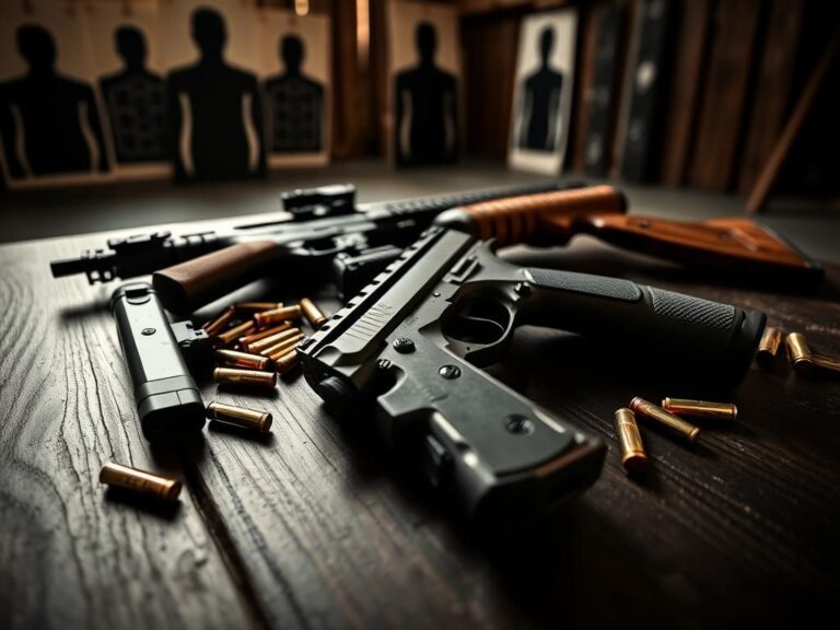 Flick International Close-up view of handguns and a rifle on a dark wooden surface with ammunition